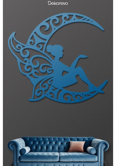 Peri Ve Hilal Ay Metal Duvar Tablosu - Metal Duvar Tablosu - Mavi - 30 X 30 Cm