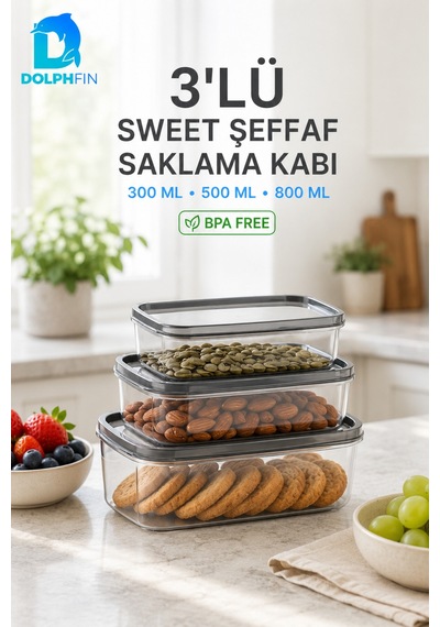 3'lü Şeffaf Saklama Kabı Siyah 300/500/800 Ml