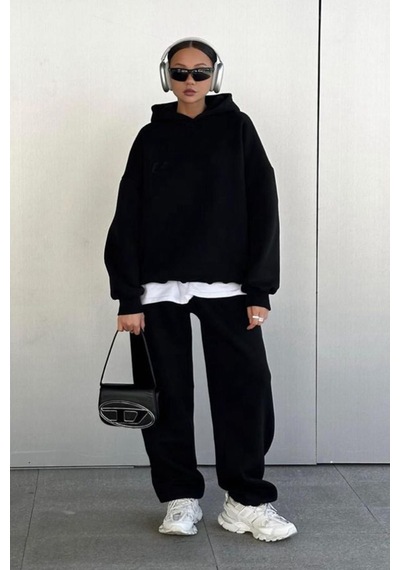 Siyah Kapüşonlu Şardonlu Oversize Cepli Sweatshirt Mg2206