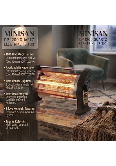 Minisan Dp 1200 Q 1200 W Elektrikli Soba 3 Kademeli Quartz Mini Isıtıcı Siyah