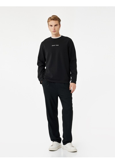 Koton İşleme Detaylı Uzun Kollu Bisiklet Yaka Sweatshirt Siyah 6wam70077mk