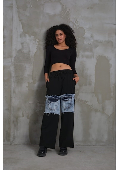023 Kadın Cepli Bol Paça Penye Kot Denim Pantolon Siyah