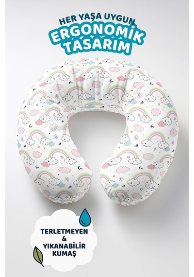 Pastel Gökkuşağı Bulut Desenli Boyun Yastığı - Sevimli Çocuk & Yetişkin Pembe Yeşil Seyahat Yastığı Doygun Gece Bal