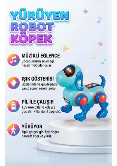 Yürüyen Robot Müzik Ve Işıklı 16 Cm Sallanan Kafalı Gerçekçi Haraketli Eğlenceli Oyuncak Köpek Turkuaz