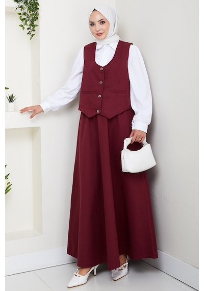 Bestenur İkili Gabardin Yelek Etek Takım 1400 - Bordo Bordo