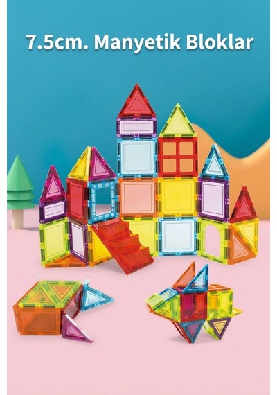110 Parça Manyetik Blok Seti - 7.5 Cm Standart Seri Renkli Magnet Mıknatıslı Yapı Blokları, 3+ Yaş E