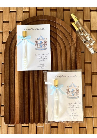 İsme Özel - Mavi Atlıkarınca Baskılı Kart - Hoş Geldin Bebek - Sünnet Ve Bebek Mevlütü Misafir Hediyeliği