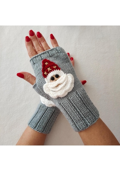 Newdaycraft El Örgüsü Motifli Parmaksız Eldiven / Bileklik - Gri Noel