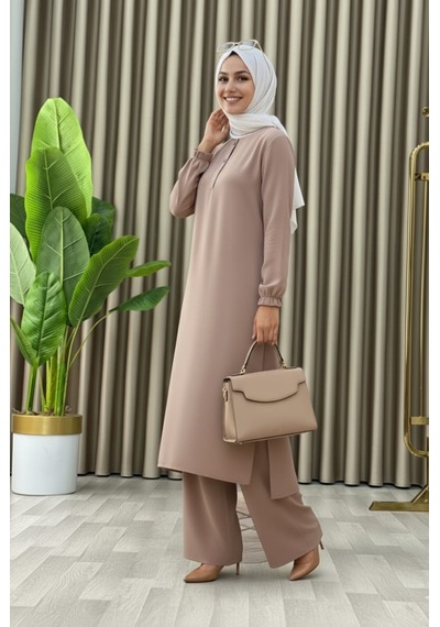 Mismoly Tesettür İkili Takım Uzun Tunik Bol Paça Pantolon 4006-bej Bej