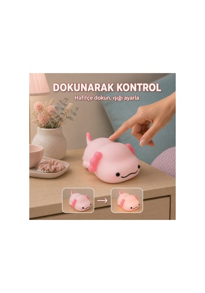 Axopo - Aksolotl Figürlü Şarjlı Silikon Gece Lambası 3 Kademe Dokunmatik Usb-c Pembe Pembe