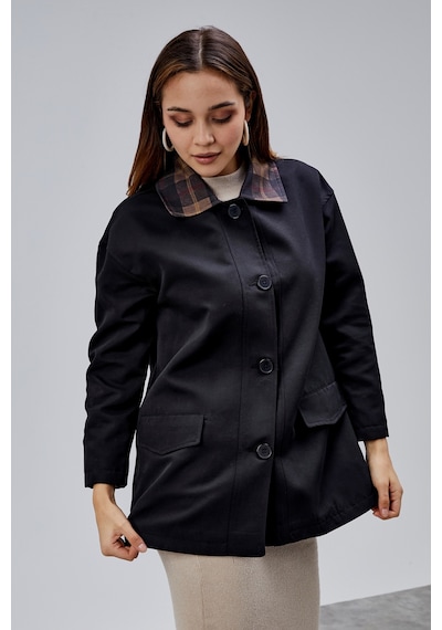 Mia Siyah Ekose Yaka Cepli Oversize Trençkot