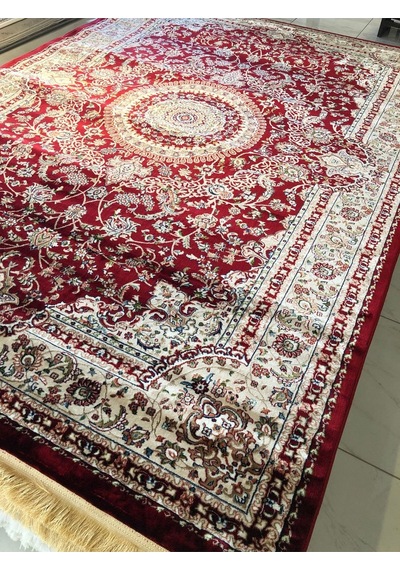 Asaryün Halı Ipek H4095 Bordo İpeksi Geleneksel Renkli Göbekli Klasik Desen Salon Halısı Modern Bordo-kırmızı