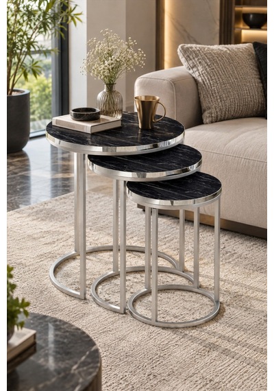 Sulorahome Siyah Mermer Desenli Gümüş Metal Ayaklı 3'lü Zigon Sehpa Takımı