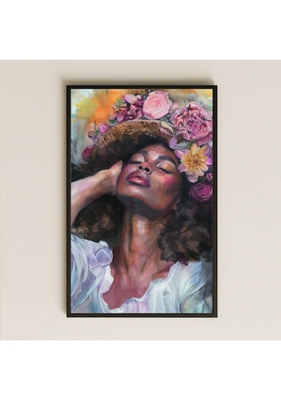 Afro Stil Çiçekli Kadın Portre Özel Kesim Dekoratif Pvc Tablo