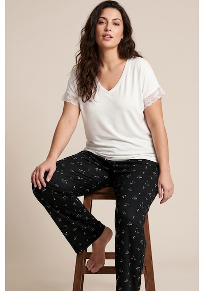 Siyah İnci Desenli Büyük Beden Battal Boy Viskon Örme Pijama Takım 26119514 Ekru