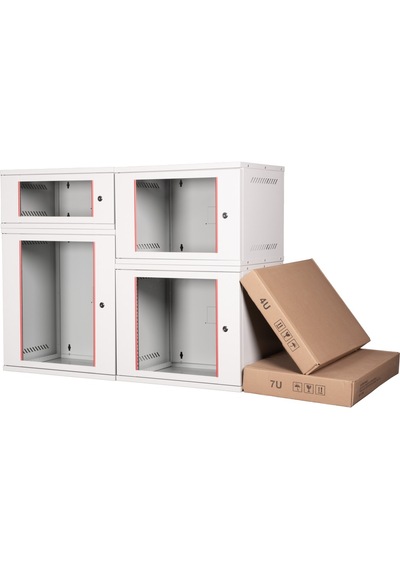 Teknoloji Caddesi 7u 19" Duvar Tipi Rack Kabinet - 542x400mm Cam Ön Kapaklı Demonte Ağ Ve Güvenlik Dolabı