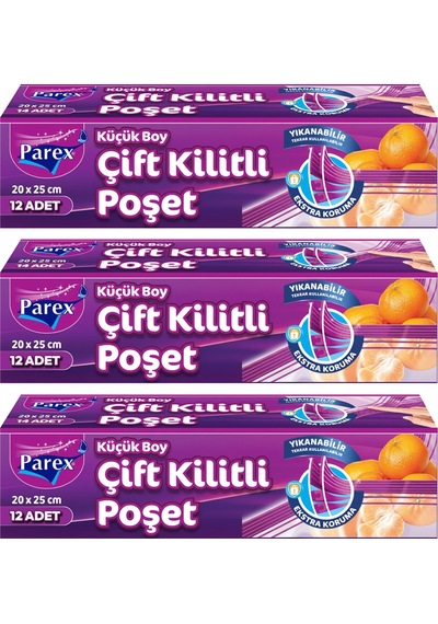 Çift Kilitli Buzdolabı Poşeti 12'li Küçük Boy 20 X 25 Cm Üçlü Paket