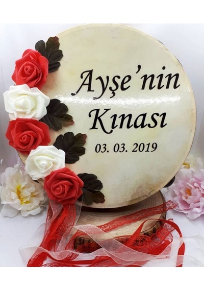 32 Cm Çiçek Süslemeli Kurdelalı Deri Tef Isim Baskılı