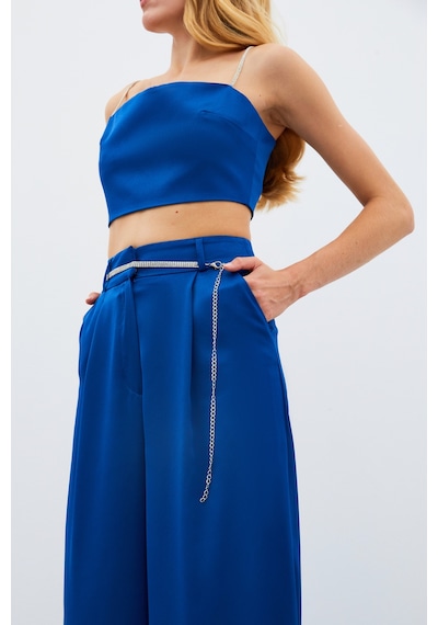 Sateen Taş Kemerli Saten Pantolon - Mavi-134978 Mavi