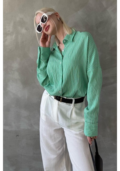 Madmext Yeşil Çizgili Oversize Kadın Gömlek Mg2327 Yeşil