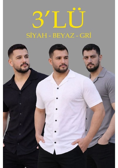Mbb E-ticaret Erkek Waffle Kumaş Yazlık Yakalı Kısa Kol Düğmeli Gömlek 3 Lü Set Siyah-beyaz-gri
