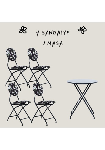 Papatya Desenli Metal Bahçe Takımı - 4 Sandalye + 1 Masa