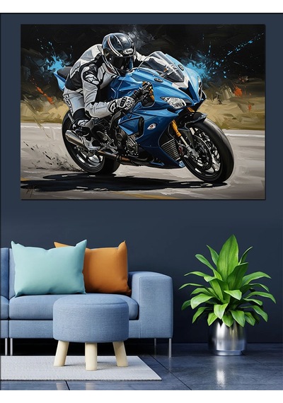 Gece Işıklı Hızlı Spor Motosiklet Dekoratif Kanvas - Mdf Ahşap Tablo