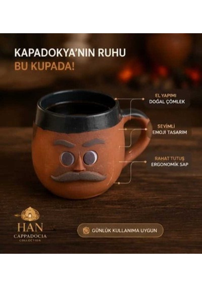 Kapadokya Çömlek Emojili Kahve Aile Kupa Seti 3lü Göl Yeşili