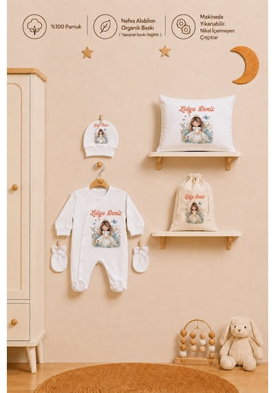 Pia Baby Kız Bebek Hediyesi İsme Özel Yenidoğan Tulum Seti %100 Pamuk Yastık Kılıfı Şapka Eldiven Ham Bez Kıyafet Kesesi 1078ytk0x Krem