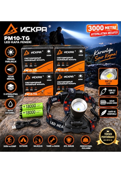 Ir-012-2 Profesyonel Şarjlı Kafa Lambası - 40w 4000 Lümen, 3 Km Menzilli Zoomlu Güçlü Kafa Feneri Siyah