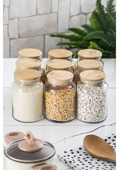 9 Lu Set Bambu Kapaklı Cam Kavanoz & Erzak Saklama Kabı 800 Ml Orta Boy Vakum Kapak Çok Renkli