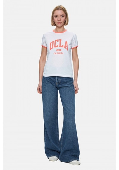 Savannah Beyaz Bisiklet Yaka Baskılı Standard Fit Kadın Tshirt Beyaz