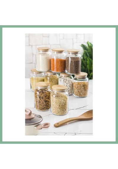 Bşkvirgo 9 Lu Set Bambu Kapaklı Cam Kavanoz & Erzak Saklama Kabı 800 Ml Orta Boy Vakum Kapak Bsk2026 Çok Renkli