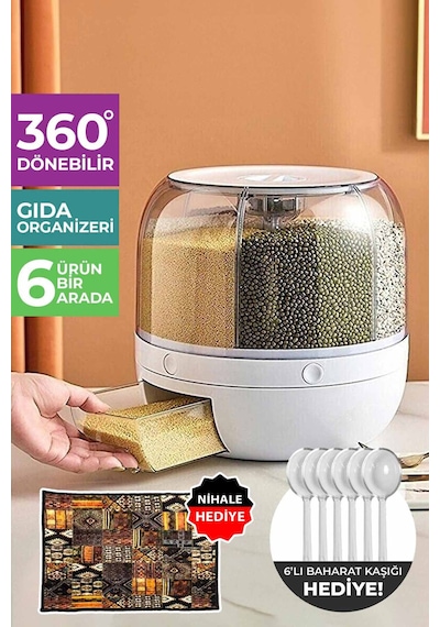 6 Kg Kapasiteli Gıda Ve Bakliyat, 6 Gözlü, 360 Derece Dönebilen, Baharat Kaşığı Ve Nihale Hediye Beyaz