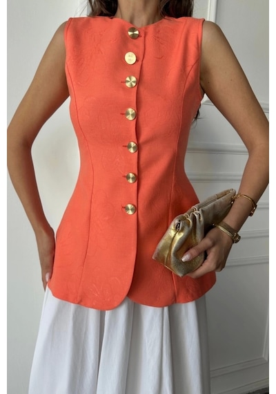 Defymoda Jakar Keten Yelek Belden Oturtmalı Gold Düğmeli - Orange Orange