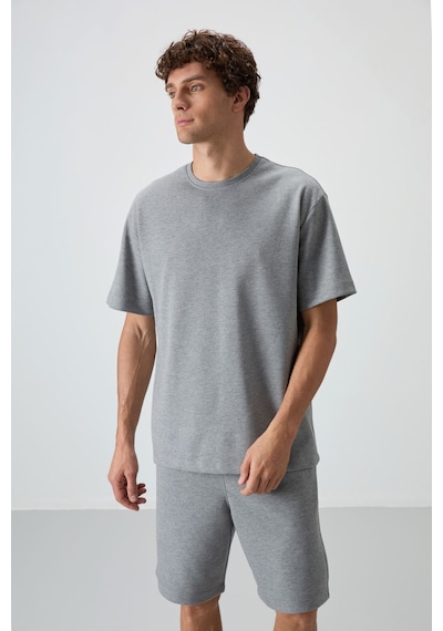 Tommy Life Gri Melanj Pamuklu Kalın Yumuşak Dokulu Oversize Fit Basic Erkek Şort Takım - 85249 GRİ MELANJ