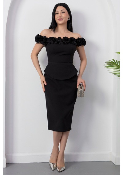 Kalopya Yakası Güllü Straplez Katlı Atlas Elbise Bal180 Siyah