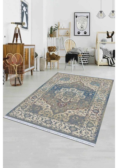 Mavi Klasik Göbekli Dokuma Pamuk Taban Kaymaz Kilim Klm155n11