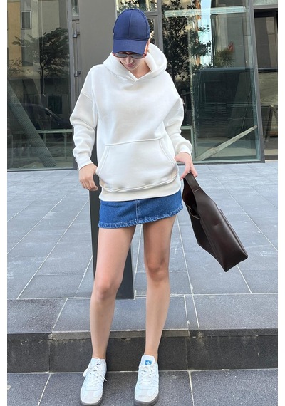 Ekru Kapüşonlu Şardonlu Oversize Cepli Sweatshirt Mg2206