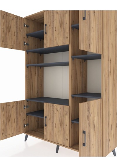 Hyperion Dolap 9 Raflı 6 Kapaklı 132x44x195 Çam-çam/antrasit Çam