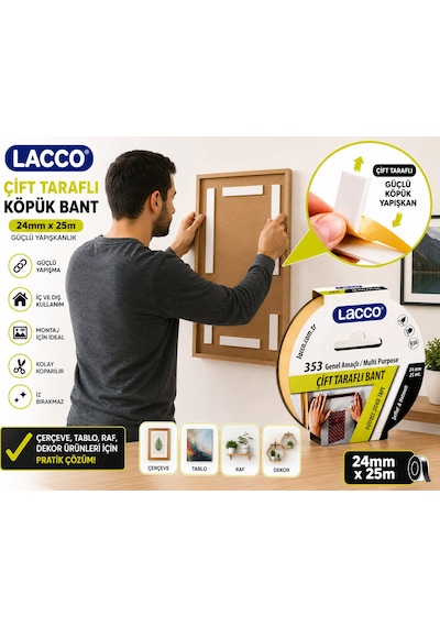 Lacco Çift Taraflı Köpük Bant 24 Mm X 25 M Güçlü Yapışkanlı Montaj Bandı Çok Amaçlı Beyaz 1 Adet