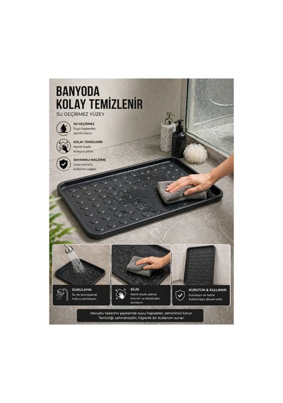 Çok Amaçlı Havuzlu Mat 70x35 Cm Ayakkabı Tepsisi Şemsiye Altlığı Dolap İçi Organizer Su Geçirmez Siyah