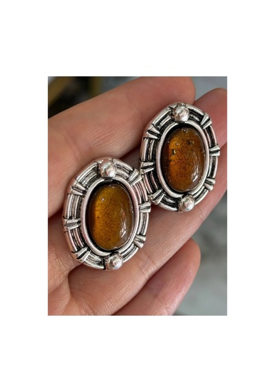 Vintage Model Metal Çerçeveli Küpe Kahverengi