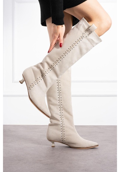 Shoetek Luminya Kadın Çizme İnce Topuklu Yandan Pimli Bej Süet Bej Süet
