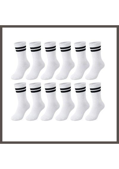 Bezos Unisex Beyaz Çorap Siyah Çizgili 12'li Set Uzun Soket Günlük Spor Kolej Stil Kadın Erkek Çorabı Nxrlvng