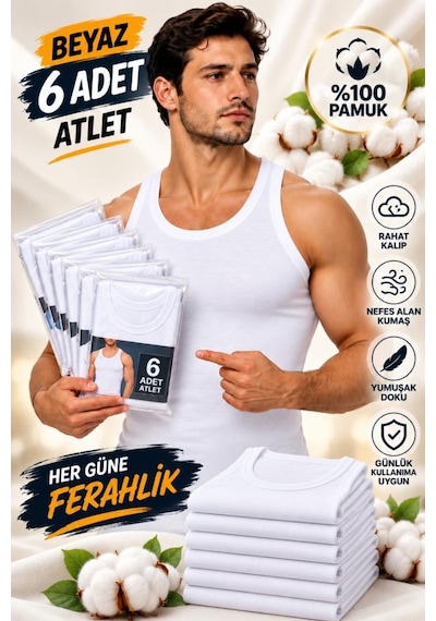 Trendybee Gümüş- Erkek Beyaz Atlet 6'lı Paket Özel Kutusunda %100 Pamuk Rahat Ve Şık Tasarım