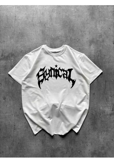 Vexor Bisiklet Yaka Ön Baskılı Kısa Kollu Tişört Streetwear Günlük Basic Pamuklu T-shirt - Beyaz