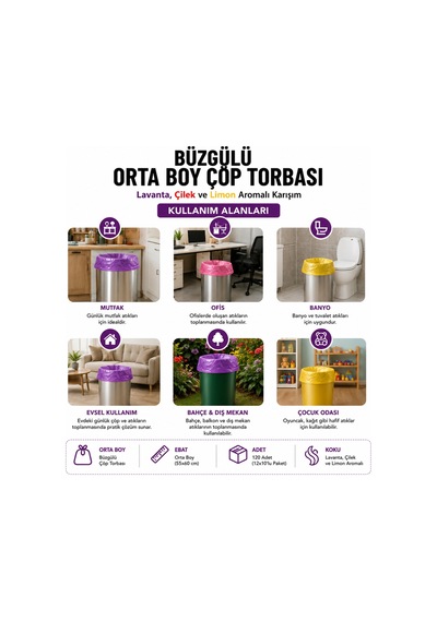 Polmix Büzgülü Çöp Torbası Orta Boy 12 Paket Toplam 120 Adet Çilek, Limon Ve Lavanta Kokulu 55x60 Cm Dayanıklı Ve Sızdırmaz