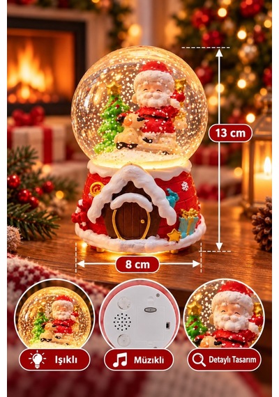 2027 Yılbaşı Yeni Yıl Hediyesi Işıklı Müzikli Noel Baba Yılbaşı Çam Ağacı Temalı Kar Küresi 13x8 Cm