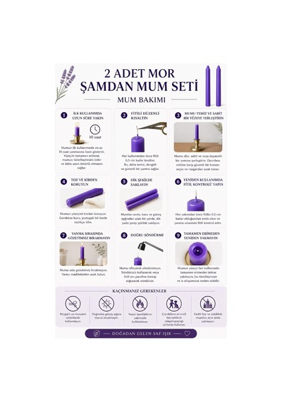 2'li Mor Şamdan Mum Seti 25 Cm Dekoratif İnce Şamdan Mum, Kokusuz Parafin Wax,%100 Pamuk Fitil, El Döküm, Uzun Diğer
